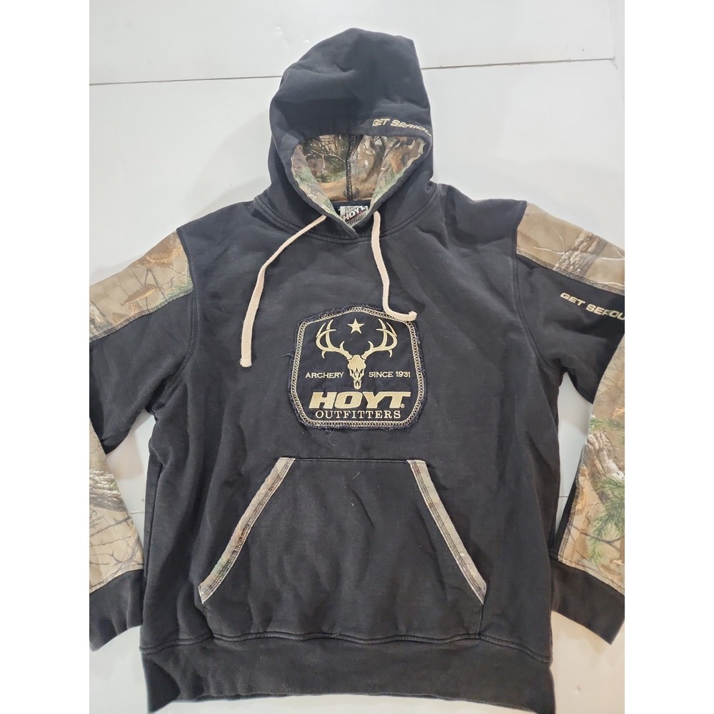 Vintage Hoyt Archery Hoodie Men L Black Realtree Camo Pull Over Sweatshirt Heavy